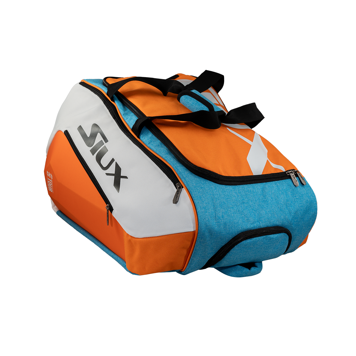 Orange and blue padel bag with 'Siux' branding on a white background