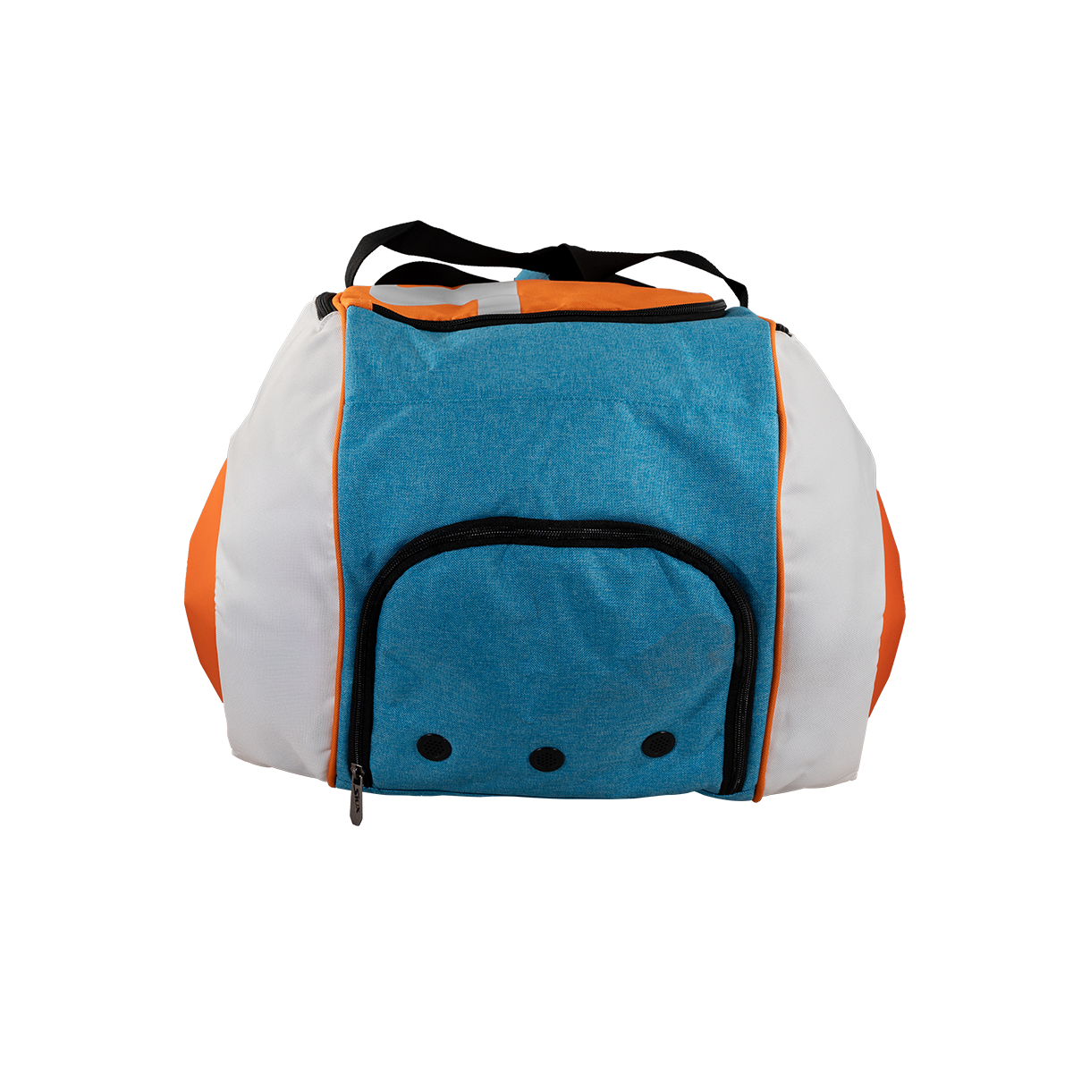 Multicolored sports bag with blue, orange, and white sections on a white background