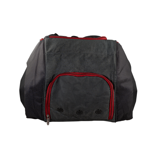 Black padel bag with red accents on a white background