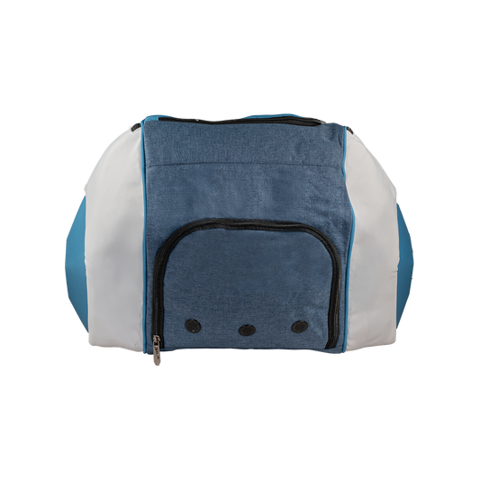 Blue and white padel bag on a white background
