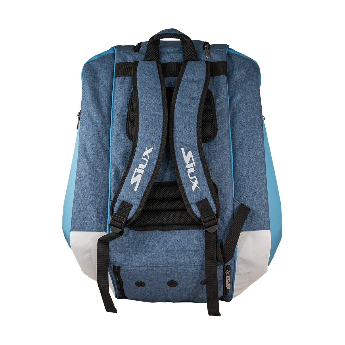 Blue and gray padel bag with 'Siux' branding on a white background