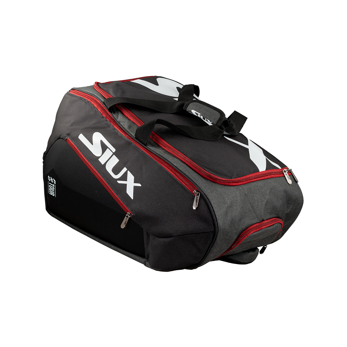 Black and red padel bag with 'SIUX' branding on a white background