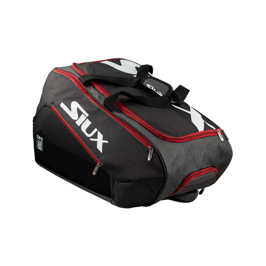 Black and red padel bag with 'SIUX' branding on a white background